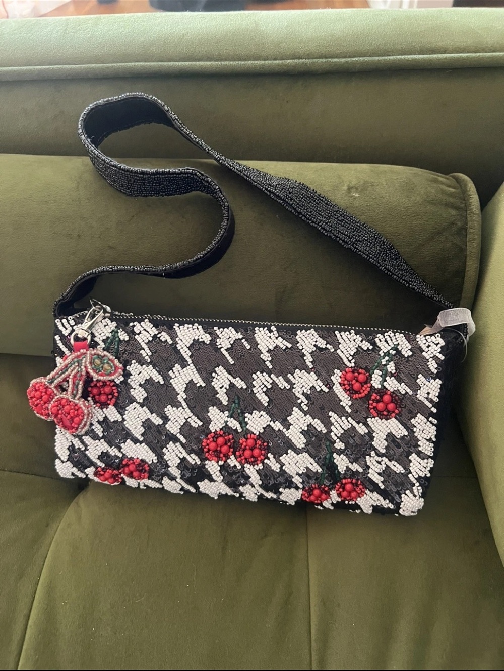 Beaded Black & White Houndstooth Handbag Bag with Red Cherry Accents